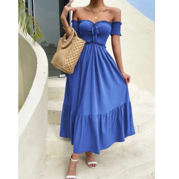 Off shoulder shirred ruffle hem dress - Picture 4 of 5